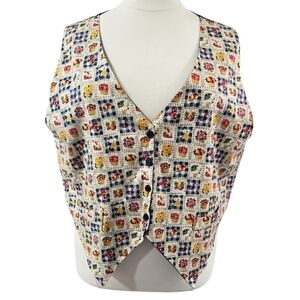 Vintage On Tour Cottagecore Picnic Pointed Hem Button-Up Vest Tie Back Unique